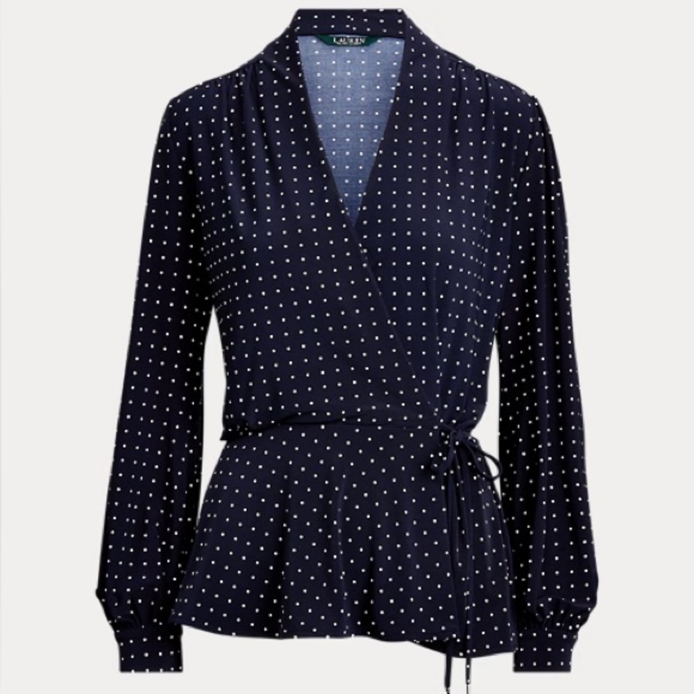 Lauren Ralph Lauren Navy Polka Dot Wrap Top